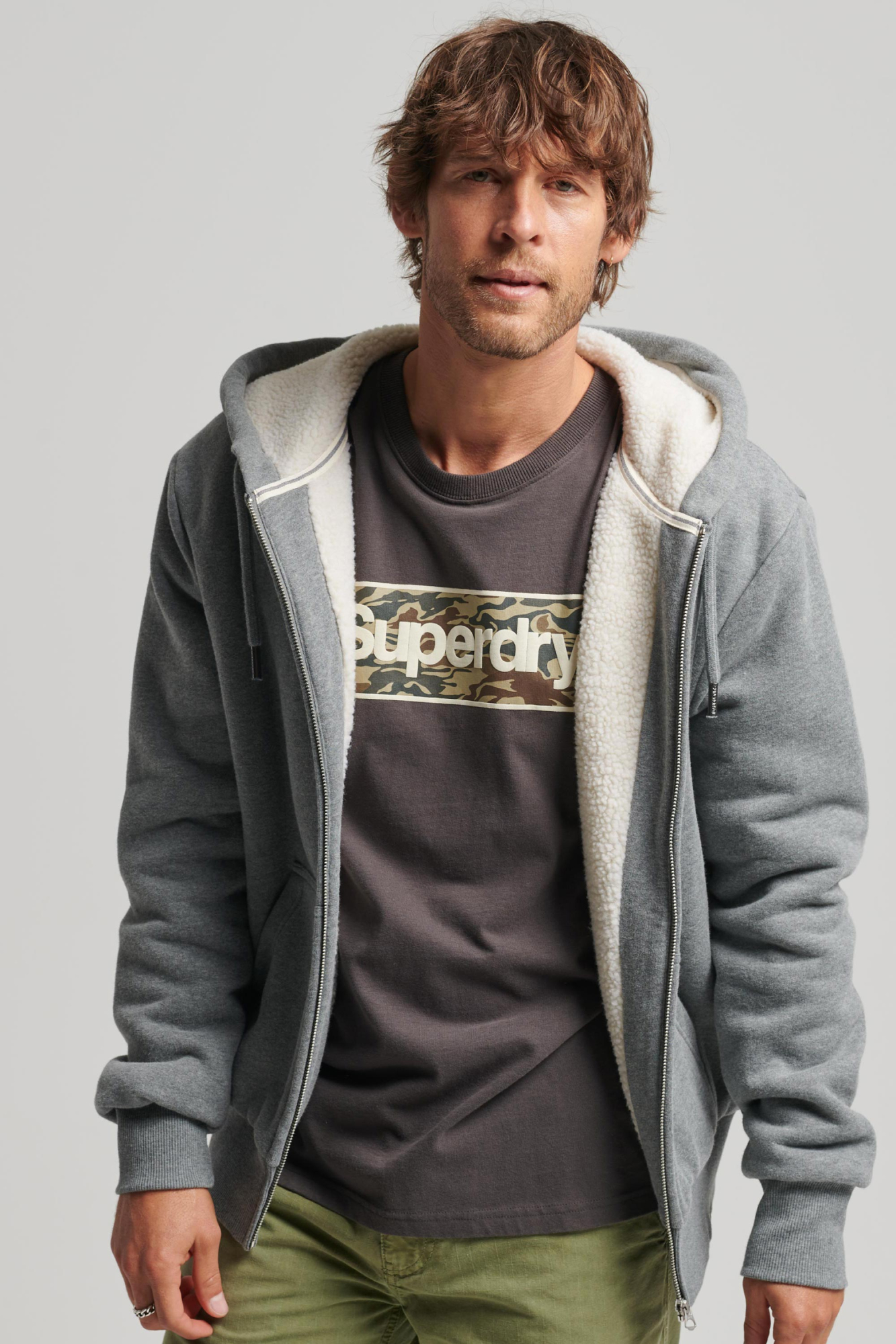 Superdry Mens Borg Lined Zip Hood Grey - Size: Small