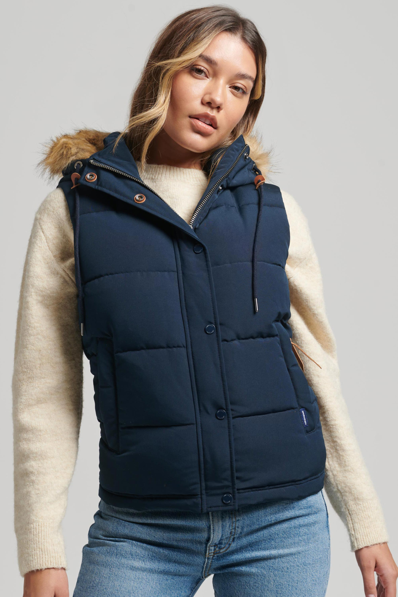 Superdry Womens Vintage Everest Faux Fur Gilet Blue - Size: 10